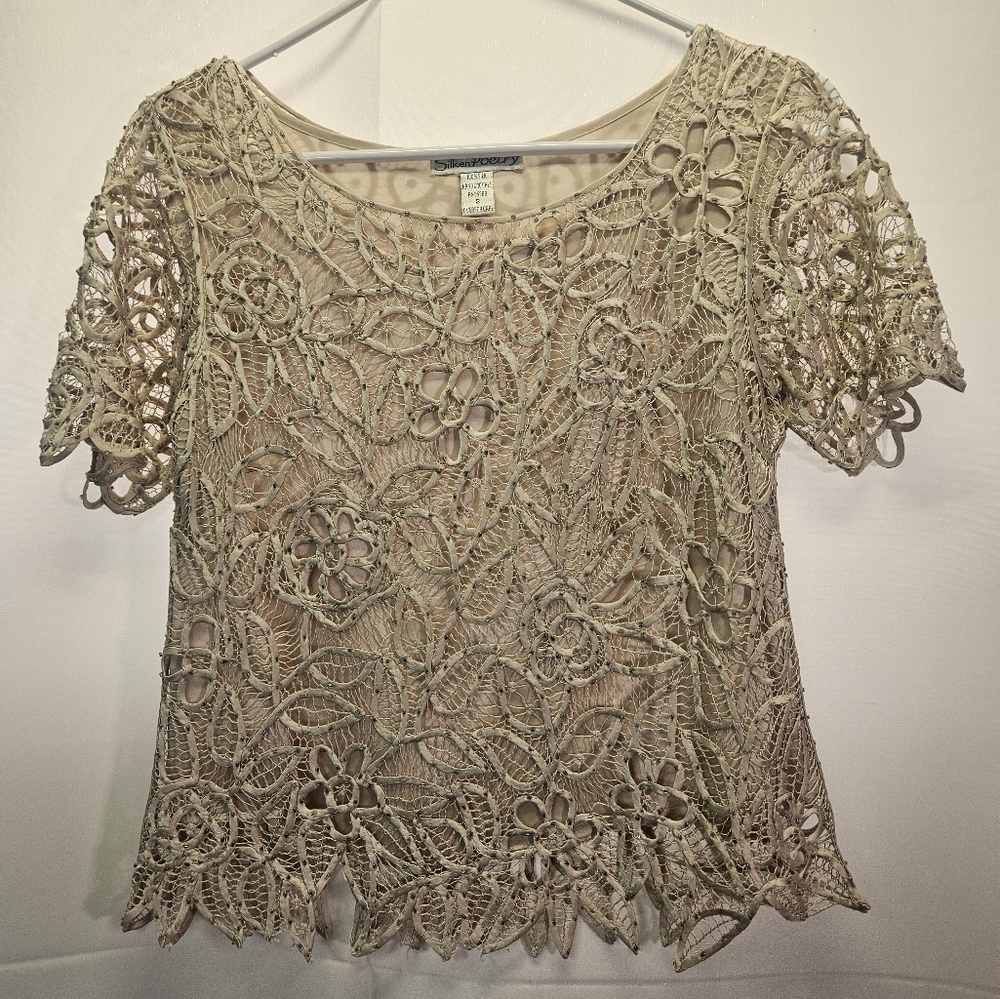 Silken Poetry Elegant Silk & Hand Crocheted Lace Floral Top